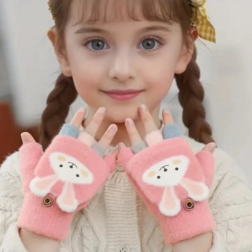 Girl bunny pink fingerless gloves and mitten- 2 in 1 gloves